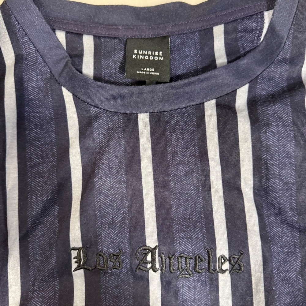 Sunrise‎ Kingdom Los Angeles Striped Tee Mens Large Navy Grey Streetwear Vibe - Picture 5 of 6
